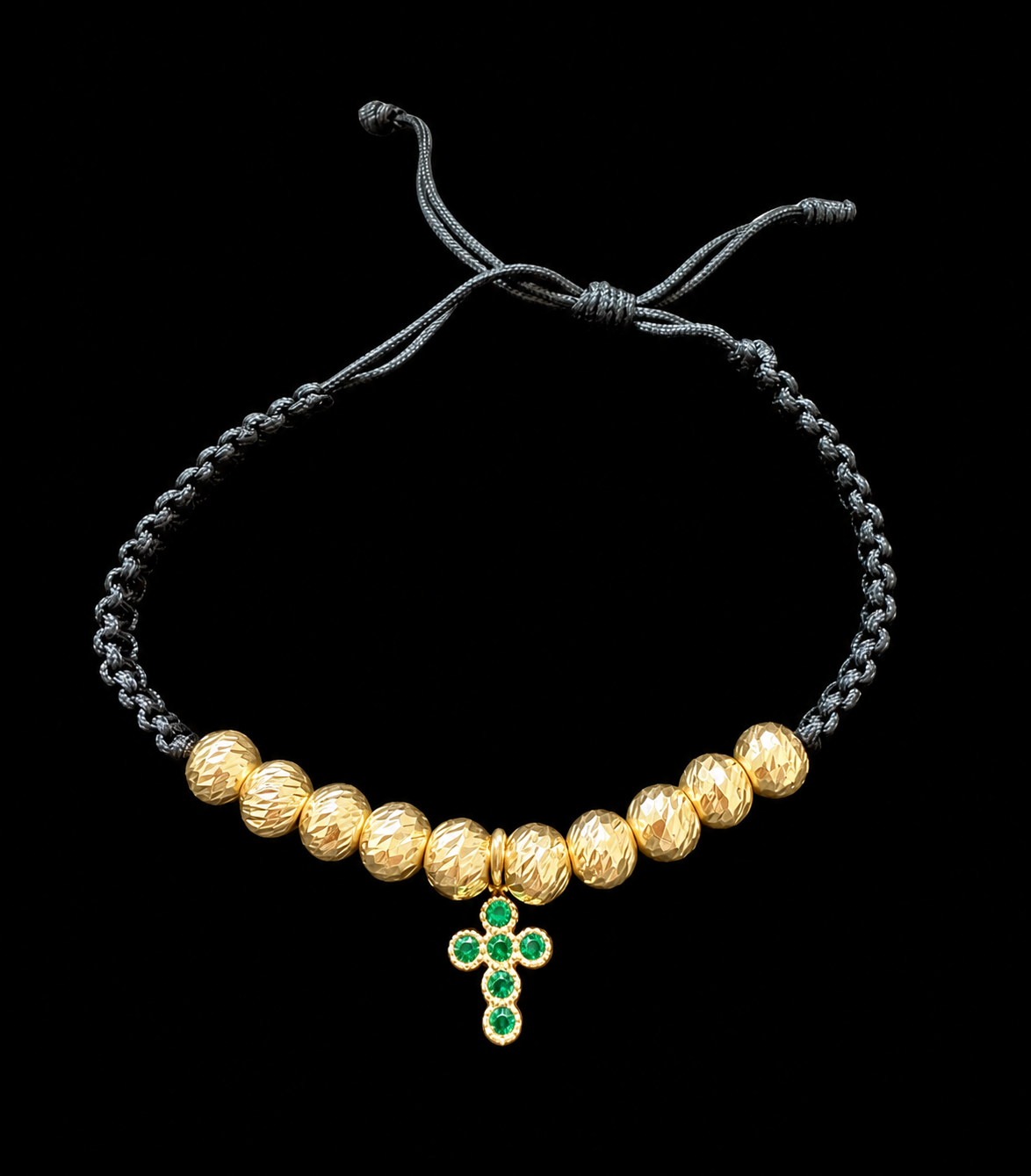 Pulsera Ajustable de Balines Diamantados en Oro 18K con Cruz de Circonias Verdes