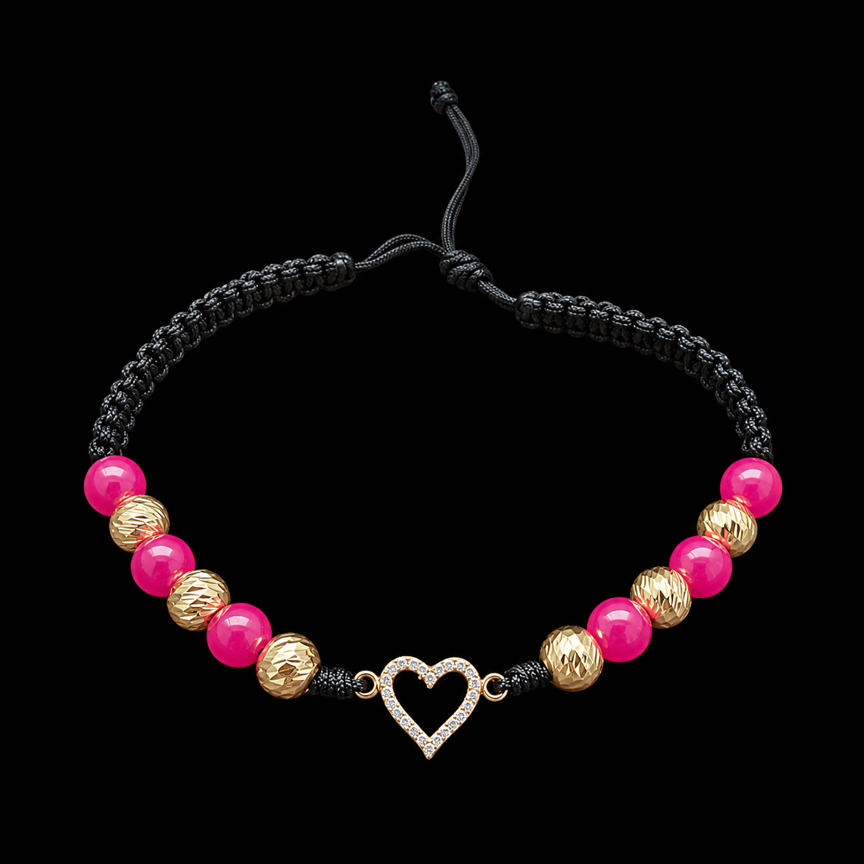 Pulsera Corazón Brillante con Jade Rosa Fucsia y Balines en Oro 18K