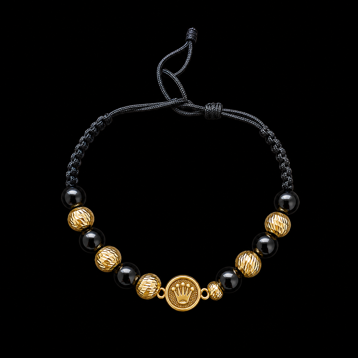 Pulsera Corona Imperial con Balines de Oro 18K y Ónix Negro