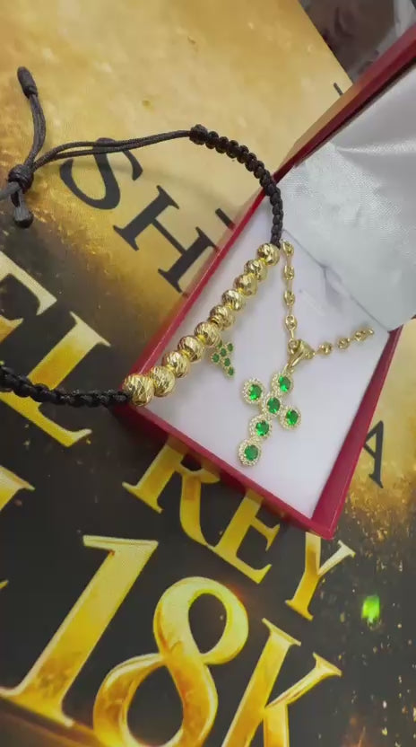 Pulsera Ajustable de Balines Diamantados en Oro 18K con Cruz de Circonias Verdes